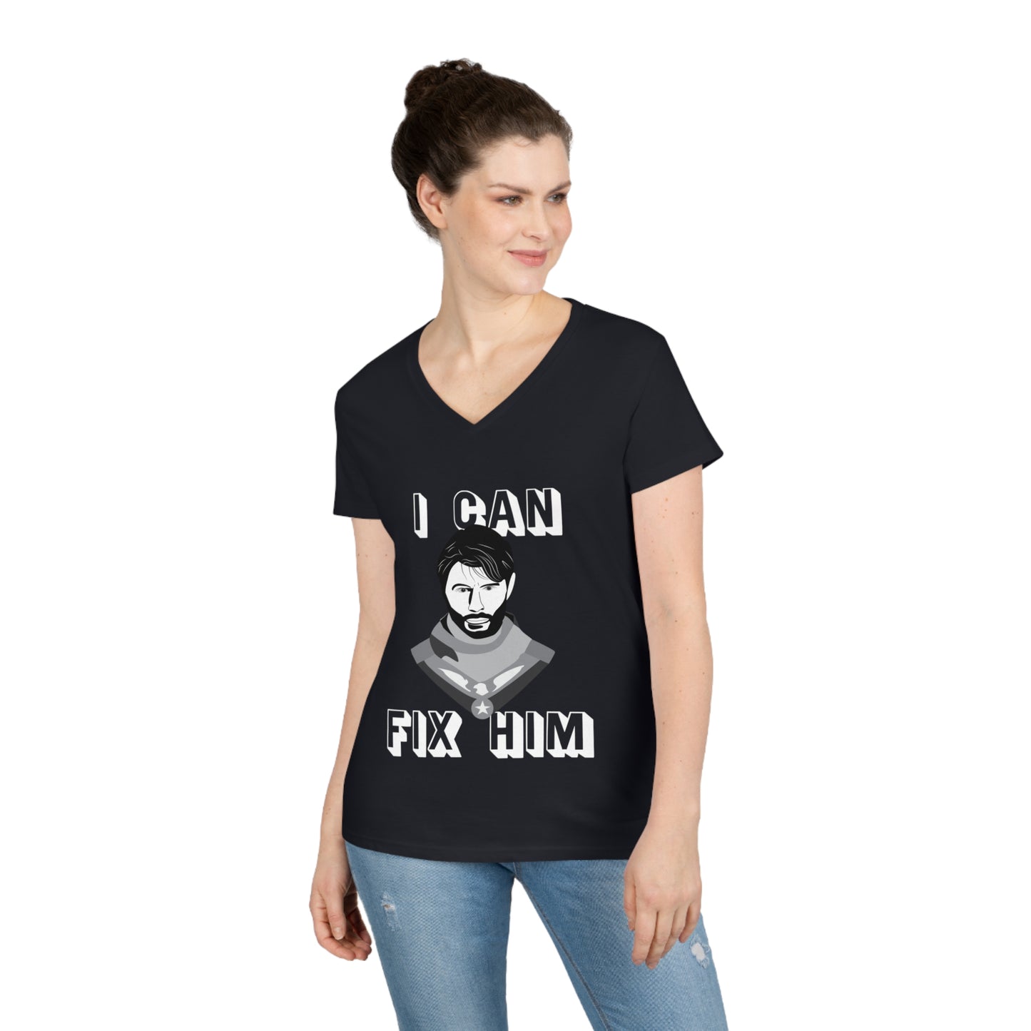 Soldier Boy "I Can Fix Him" Black & White V-Neck Women's T-Shirt