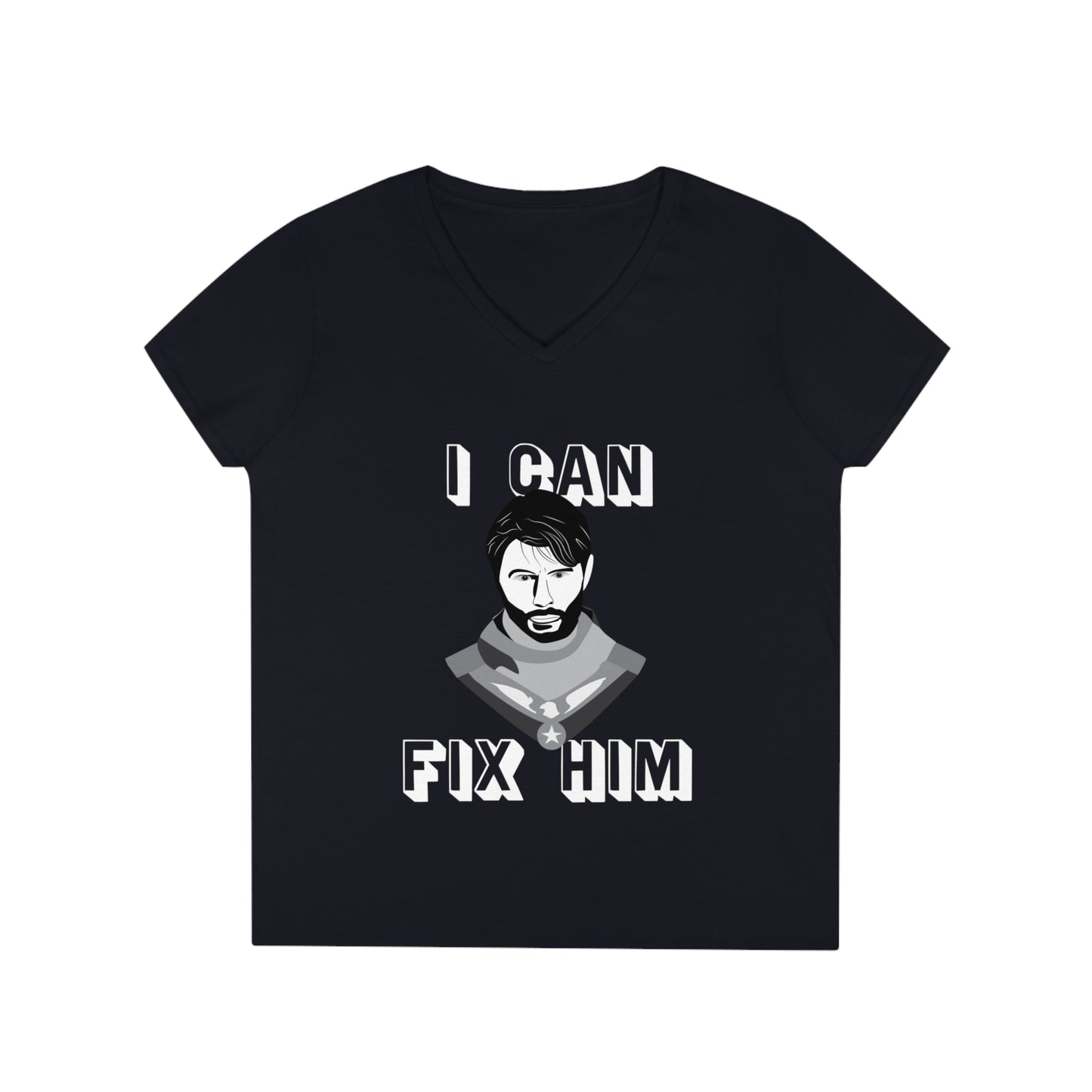 Soldier Boy "I Can Fix Him" Black & White V-Neck Women's T-Shirt